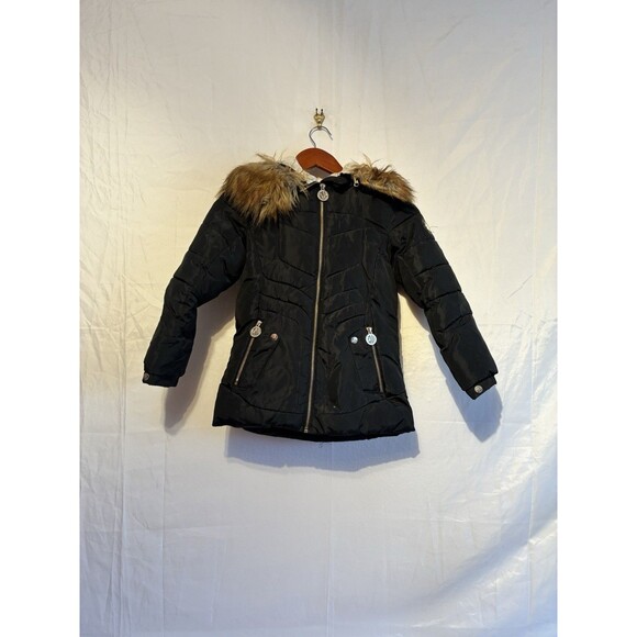 DKNY Girls Black Puffer Coat Faux Fur Hood Zip Jacket Size 7/8 S/P Warm - Picture 3 of 15